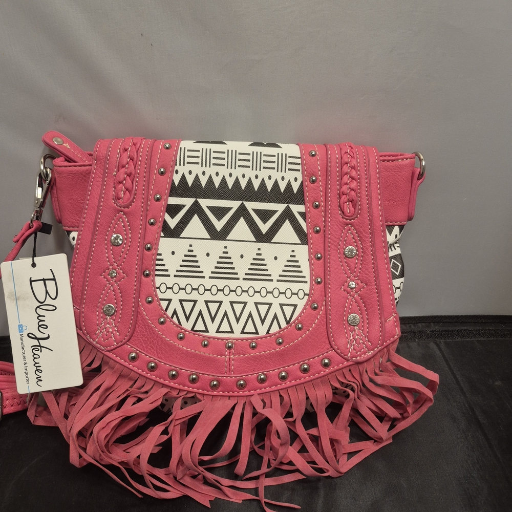 New With Tags Western Fringe Messenger Crossbody Handbag Pink Cowgirl.